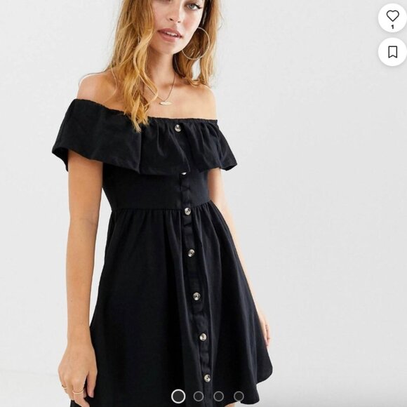 ASOS DESIGN Dress Black Off Shoulder Ruffle Button Through Size 0 Brand New - Picture 3 of 6
